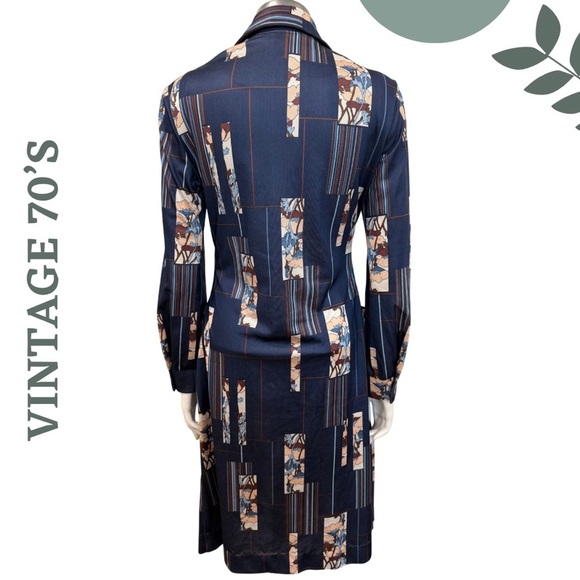 Vintage 70s Leo-Danal for Normie Hum Navy Blue Abstract Floral Shirt Dress Midi - Picture 10 of 10